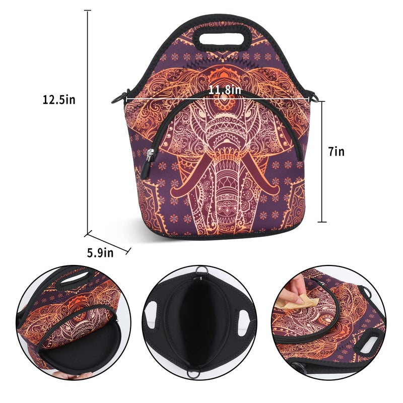 Violet Mist Neoprene Thermal Insulated Lunch Bag Cute Animal Lunch Bag Tote with Extra Pocket Detachable Adjustable Shoulder Lunchbox Food Handbags Picnic Work Gifts for Women men, Retro Elephant 2 - Image 3